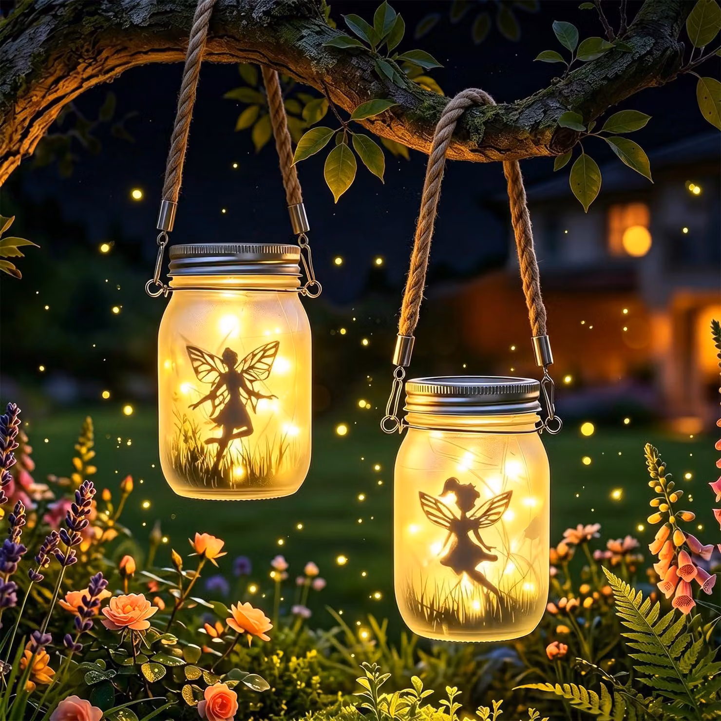 Set di 2 lanterne solari, con LED, grado di protezione IP65, 30 LED, cavo da 3 metri, luce bianco caldo