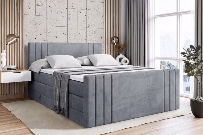 Letto boxspring ALTDECOR con pediera, 2 materassi e topper - 140x200 cm - IDRIKO-Z KING - Velluto grigio - Letto imbottito con materassi H3 e H4, contenitore e rete a doghe, letto con spazio contenitivo