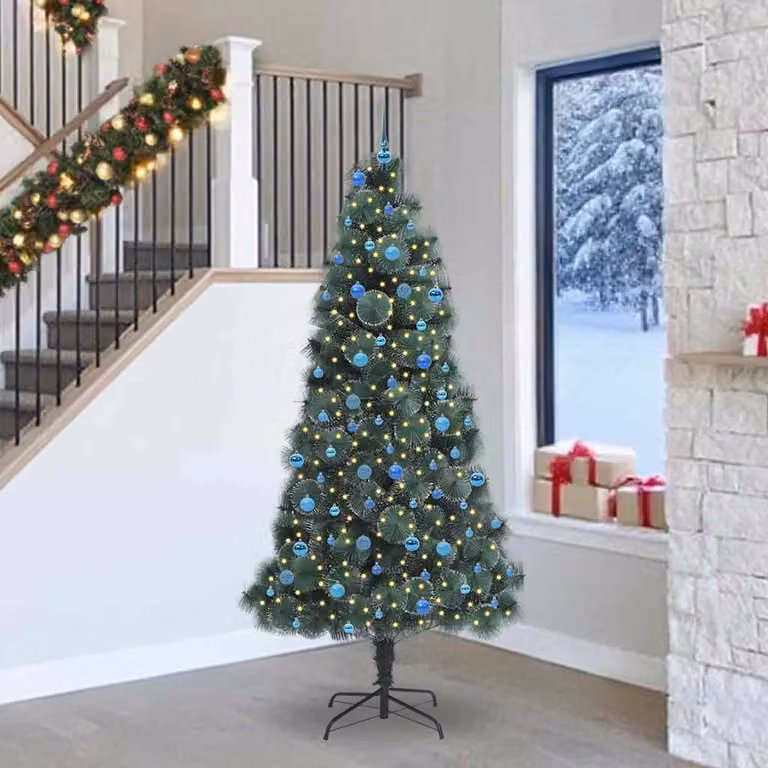 Albero di Natale artificiale pre-illuminato con LED vidaXL, colore verde con luci bianco caldo e set di palline multicolore, Altezza: 240 cm