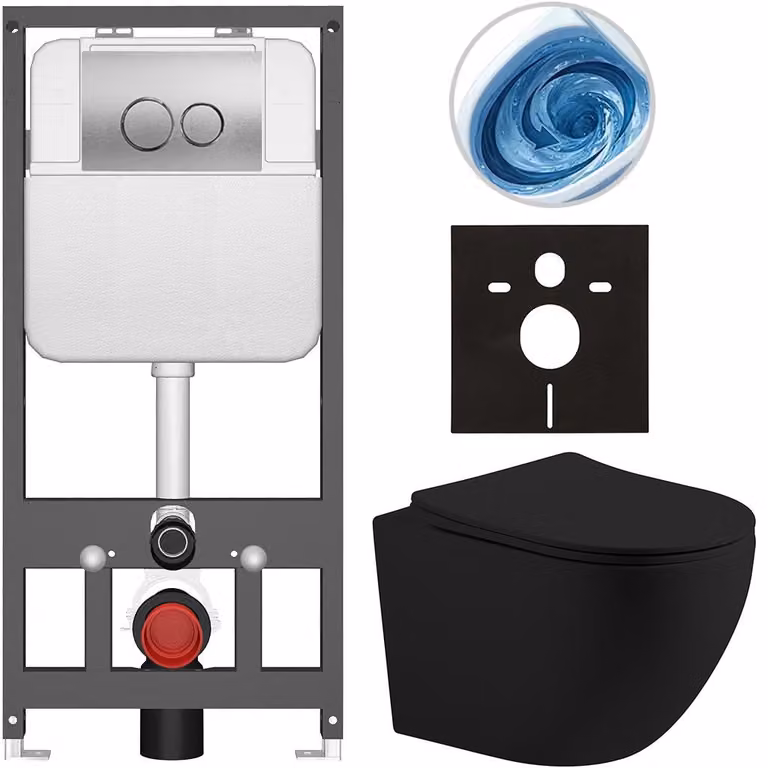 CERANO - Set WC da incasso Cesso - nero opaco - pulsante Prime/Dualo, argento - sospeso - installazione pre-parete/cartongesso - 49x36 cm