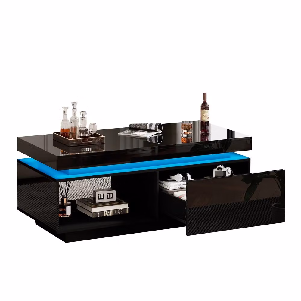 Tavolino da caffè Minimal con LED nero lucido in legno MDF con 1 cassetto L: 100 cm, P: 50 cm, H: 40 cm – 2