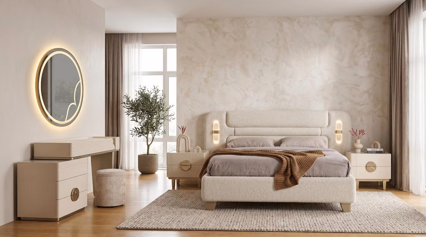 Set per camera da letto: letto, 2 comodini, comò, colore beige, stile moderno