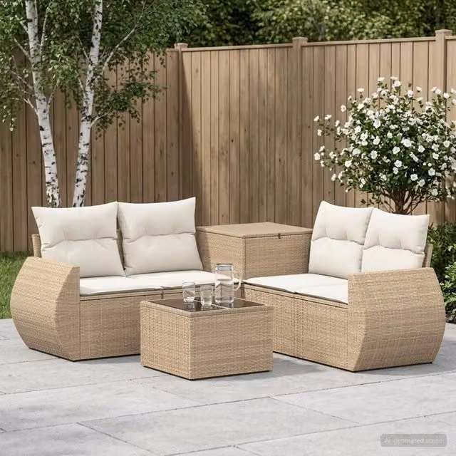 Set di divani da giardino a forma di U vidaXL in polyrattan beige e bianco con tavolo da caffè e cuscini inclusi – 1