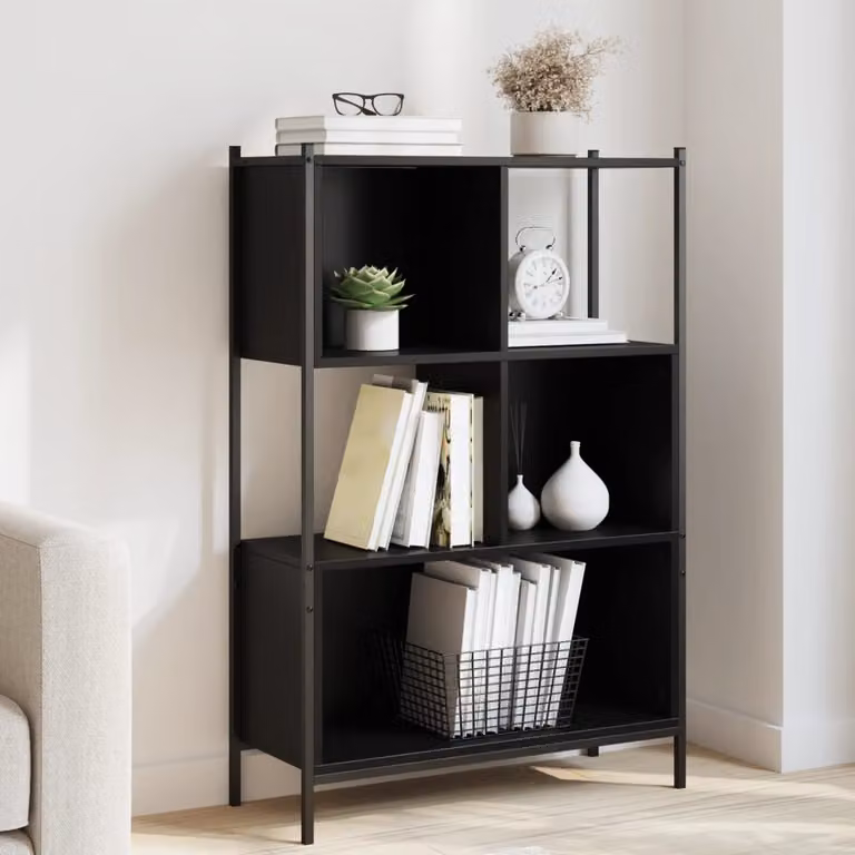 Libreria moderna vidaXL nera in legno e metallo con pannello posteriore L: 72 cm, P: 28 cm, H: 109 cm
