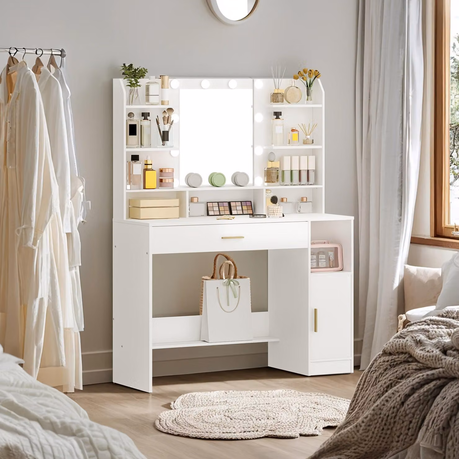 Tavolino da trucco - Tavolino per il trucco - Tavolino per il trucco professionale - Comodino da trucco - Comodino - Bianco - Illuminazione regolabile