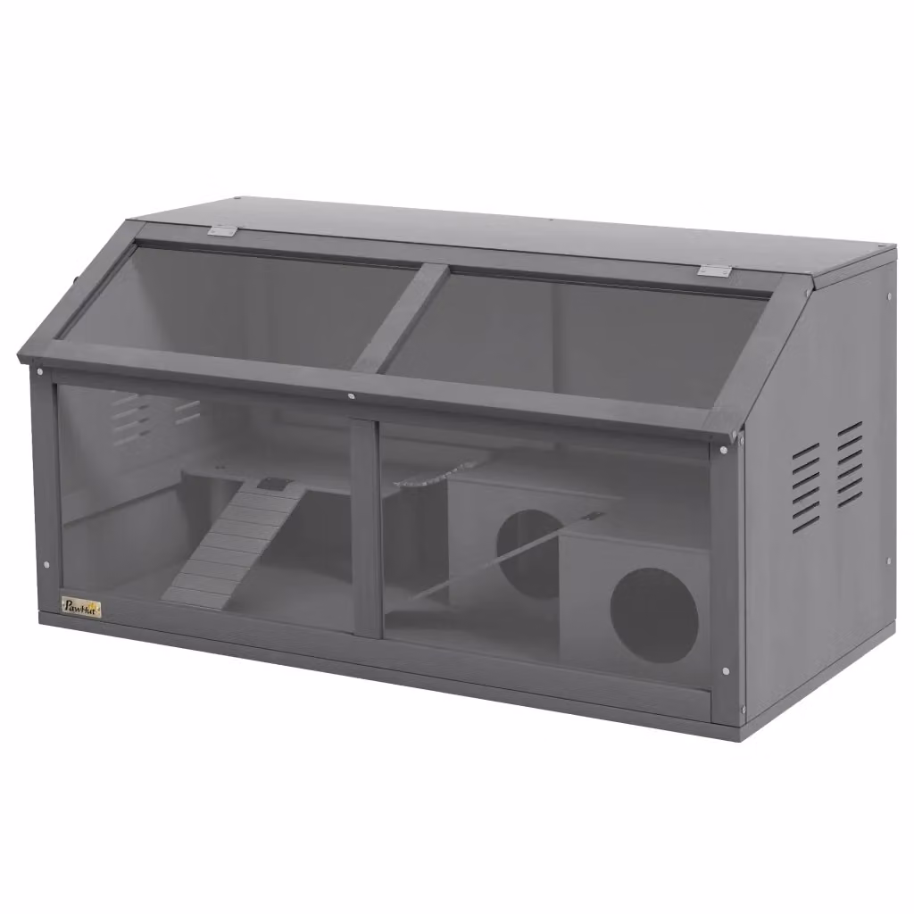 Gabbia per criceti in legno XYLO grigia con ponte sospeso, scale e casetta, L: 84 cm, P: 45 cm, H: 44 cm – 2