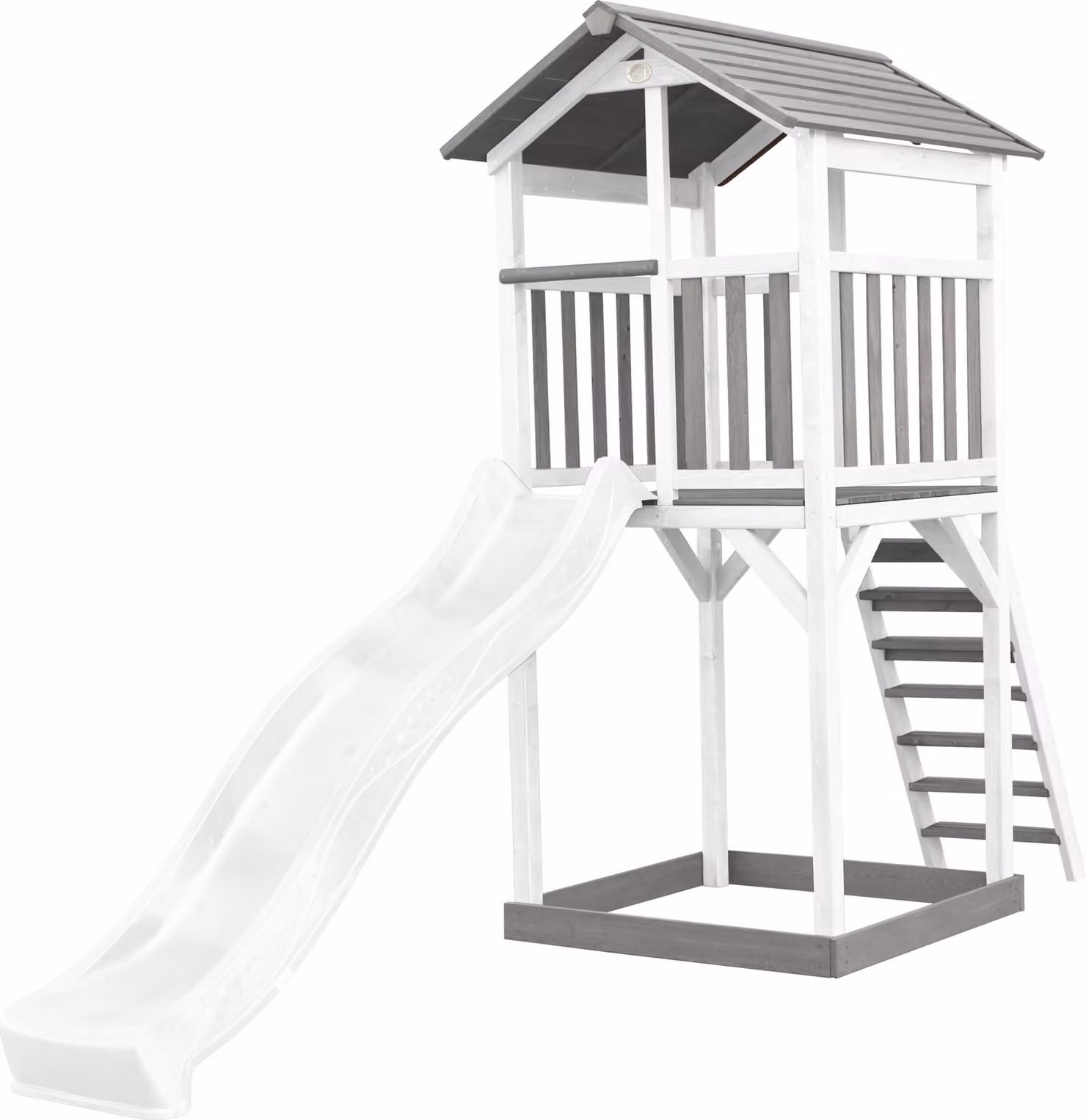 AXI Beach Tower parco giochi di legno in grigio e bianco | Torre di gioco per bambini con sabbiera e scivolo bianco | Casa per bambini su palafitte per il giardino