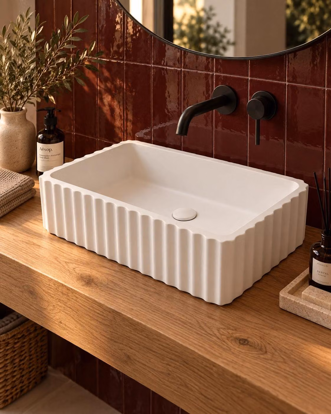 Lavabo 50x30 cannettato rettangolare da appoggio in cemento bianco opaco Atene
