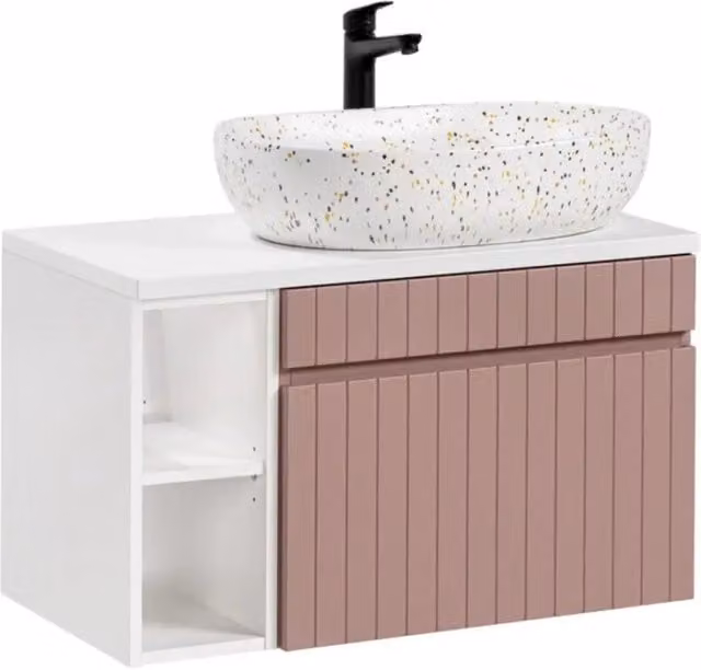Set ICON: mobile sottolavabo 80cm con nicchie visibili + piano per lavabo + lavabo da appoggio marmorizzato