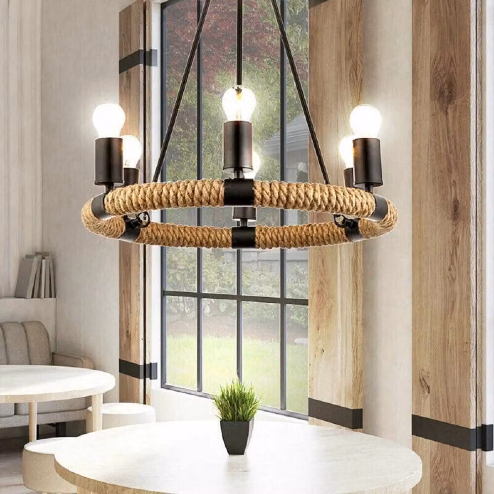 Lampadario Sospeso Rotondo Rustico Trade Shop in Canapa e Metallo Marrone con Attacco E27 – 2