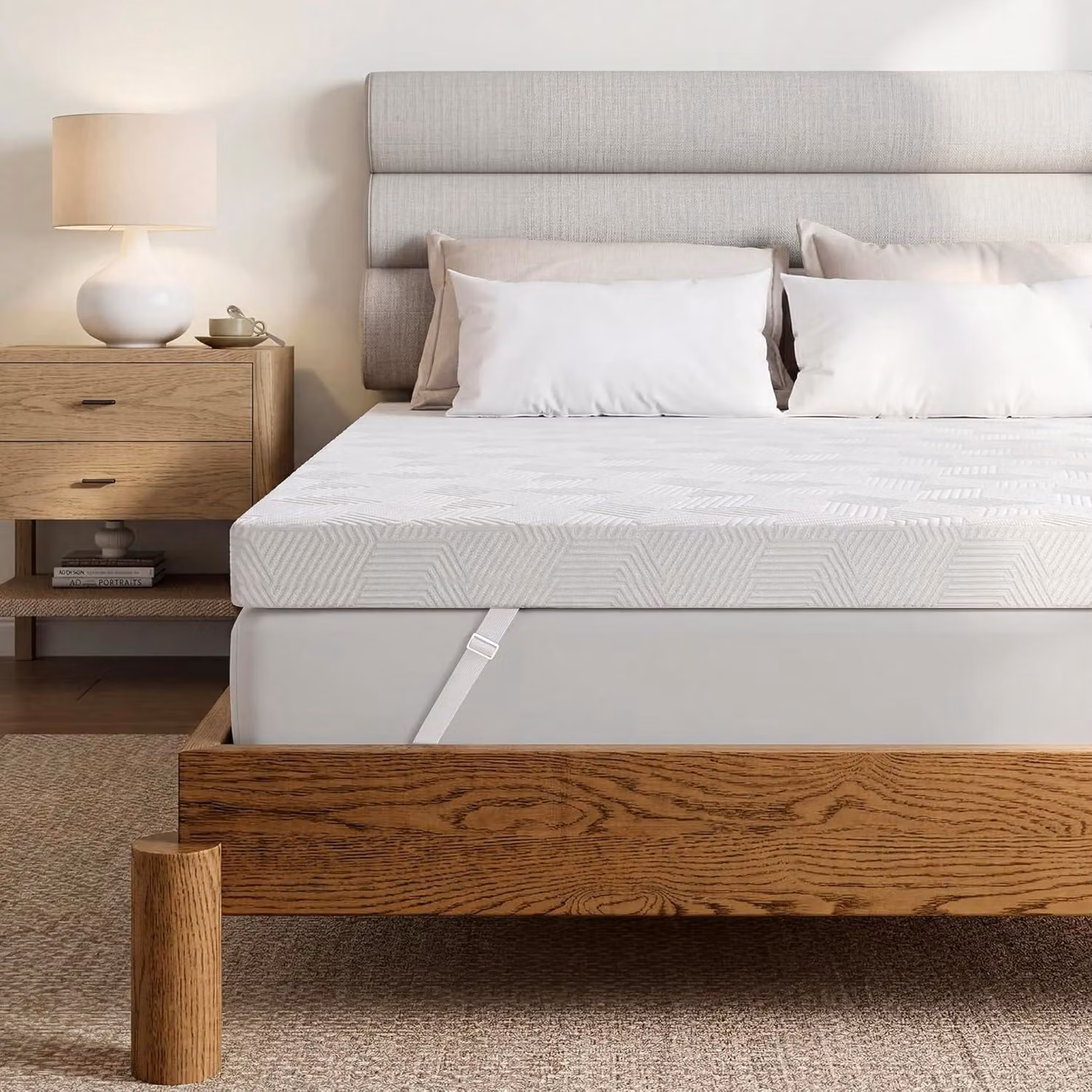 Topper per materasso, dimensioni 180 x 200 cm, altezza 10 cm, con imbottitura in gel e strato di schiuma comfort, ideale per letti a molle e divani letto. Il topper è dotato di base antiscivolo