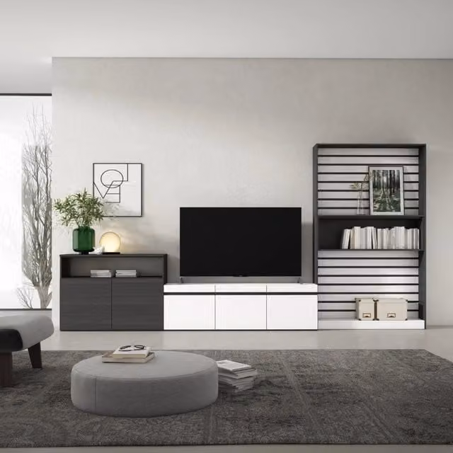 Mobile TV per soggiorno SKRAUT HOME, Bianco e nero, L: 360 cm, P: 35 cm, H: 186 cm, per TV fino a 65 pollici – 1