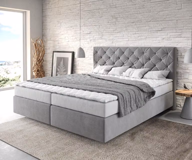 Letto boxspring DELIFE Dream-Great 180x200 cm in microfibra grigia con materasso e topper