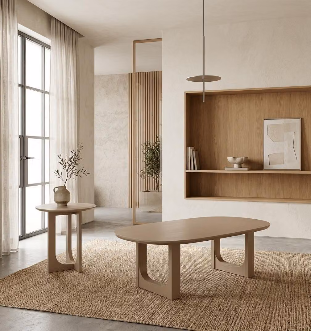 Set elegante per soggiorno, composto da divano, tavolino e tavolino ausiliario, color beige
