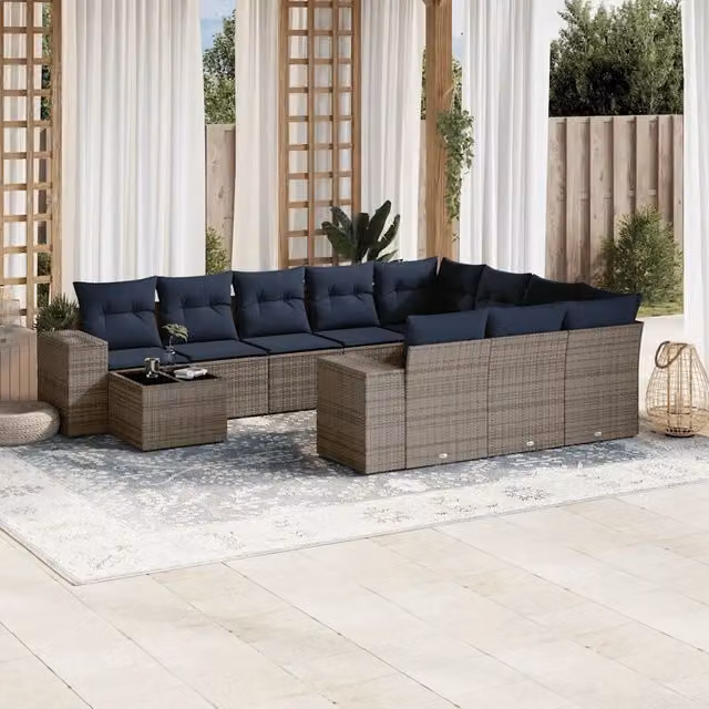 Set Divani da Giardino 11 pz con Cuscini Grigio in Polyrattan 3223130