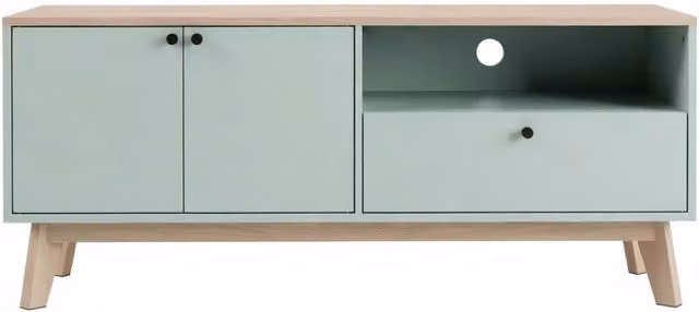 Mobile TV in MDF colore verde chiaro e rovere, 120 cm, per TV fino a 36 pollici con 2 porte, cassetto e vano aperto