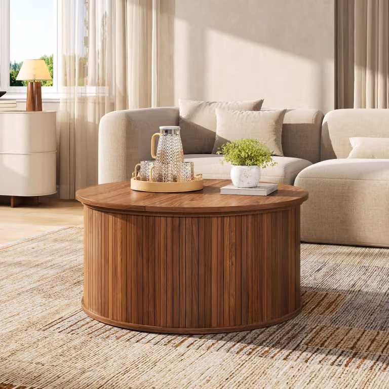 Tavolini da divano rotondi MODFU, con spazio contenitivo, tavolino da soggiorno regolabile in altezza, tavolino rotondo in MDF, tavolino da divano con piano pieghevole e finitura a coste, color noce