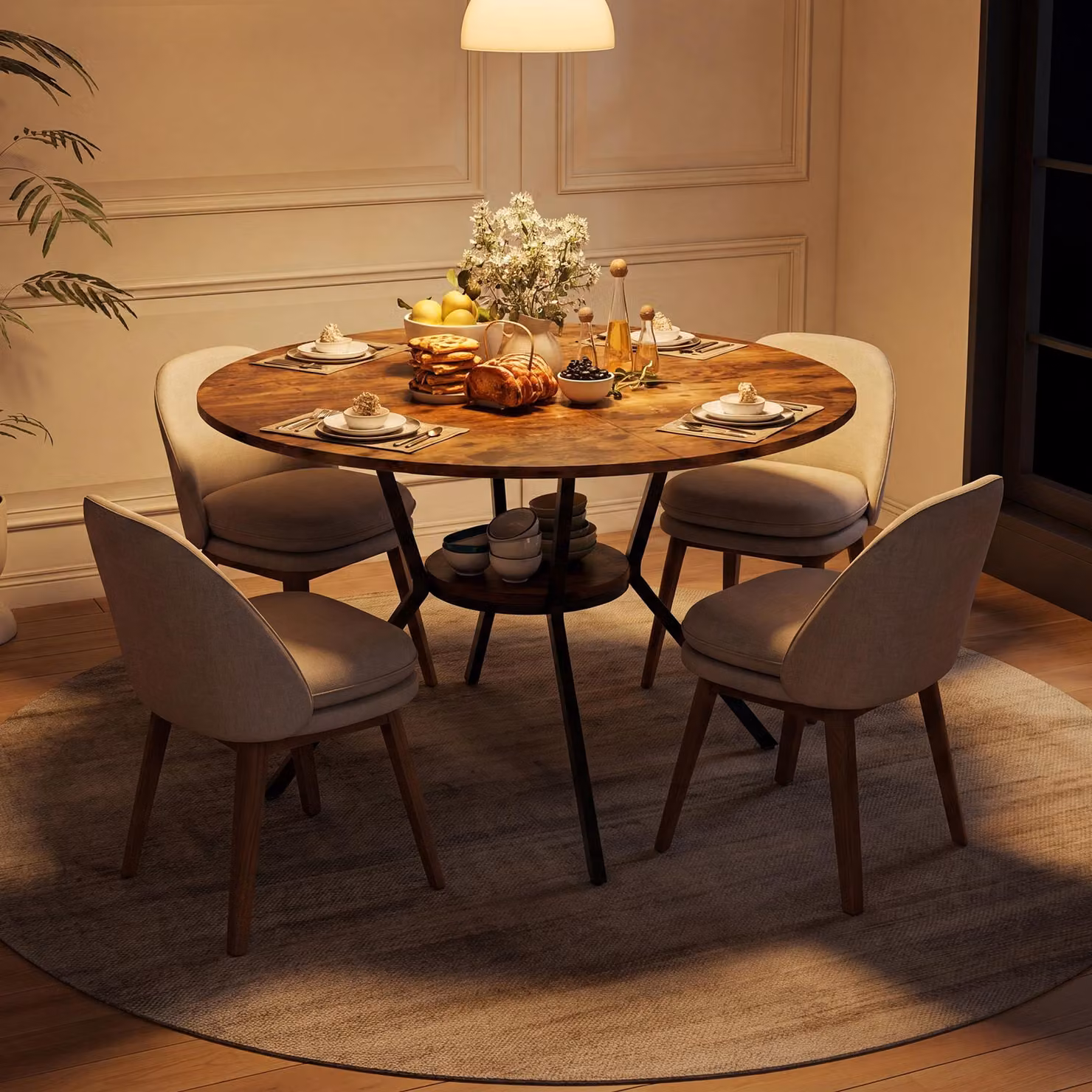Tavolo da pranzo rotondo UnboxG, diametro 120 cm, design vintage, tavolo per cucina e sala da pranzo con ripiano, struttura in metallo robusta, aspetto in legno