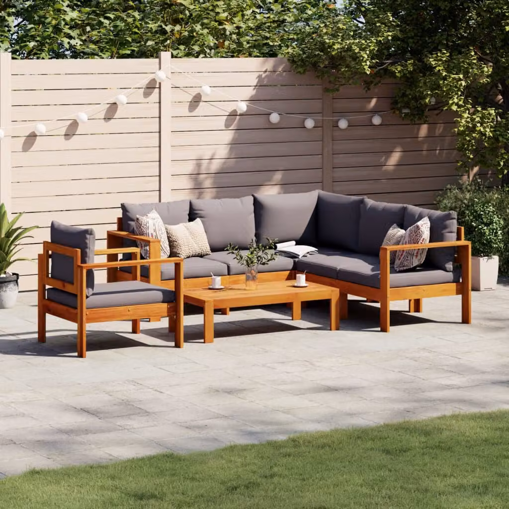 vidaXL Set Divano da Giardino 5 pz a L in Legno di Acacia con Cuscini Grigi – 1