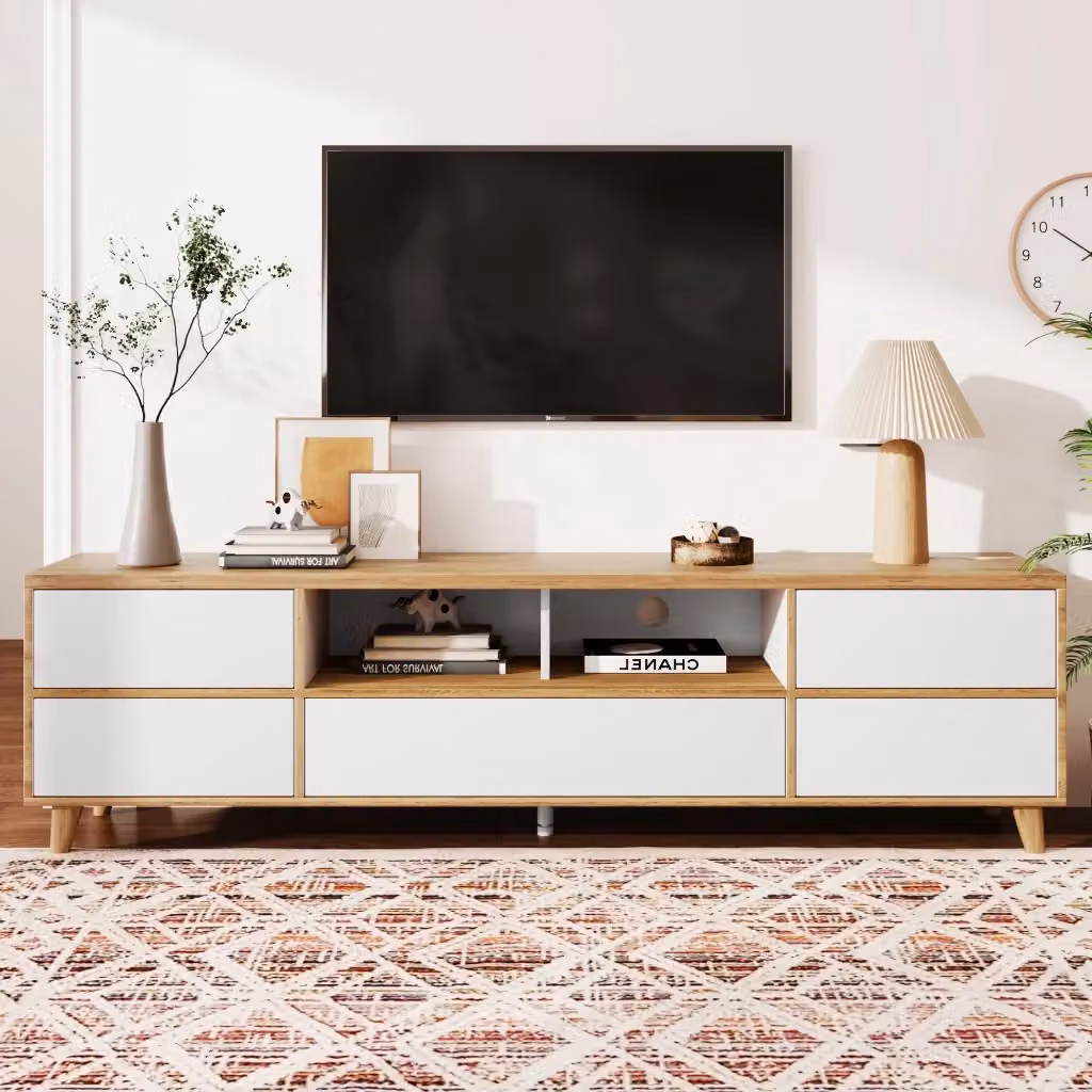 Mobile TV FOLYNAARREDO moderno con quattro ante e vani interni in MDF bianco e piedi in legno per soggiorno L: 175 cm, P: 37 cm, H: 51 cm – 2