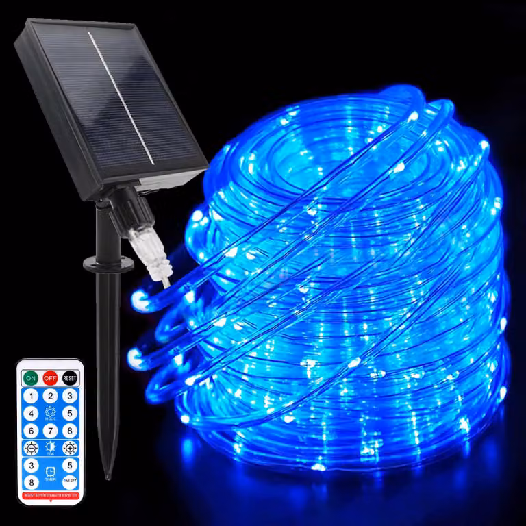 Catena luminosa a LED, 22 metri, 200 LED, alimentazione solare, 8 modalità, grado di protezione IP65, colore blu