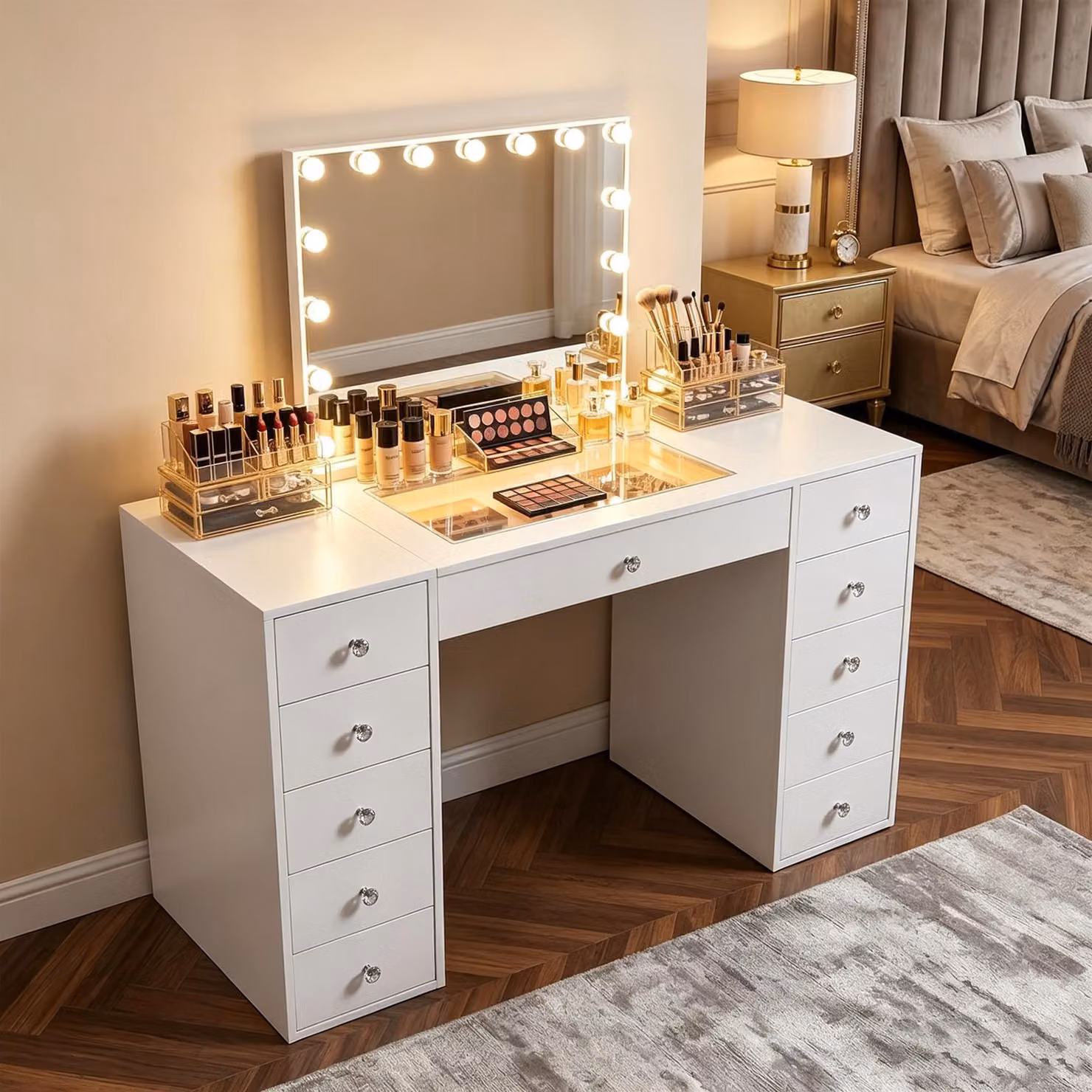 Tavolino da trucco VANITII con specchio illuminato a LED, 11 cassetti, bianco, 130 x 55 x 127 cm