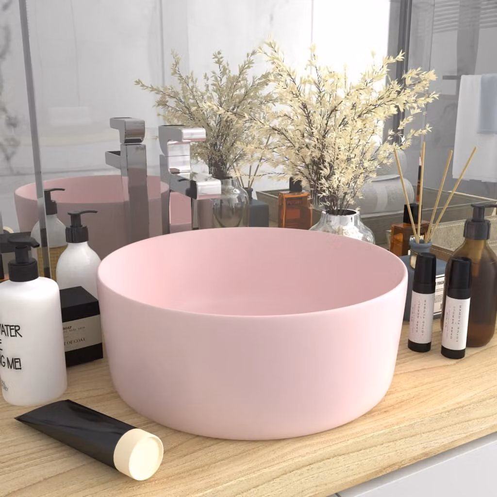 The Living Store Lussuoso lavabo rotondo rosa opaco 40x15 cm in Vetroceramica