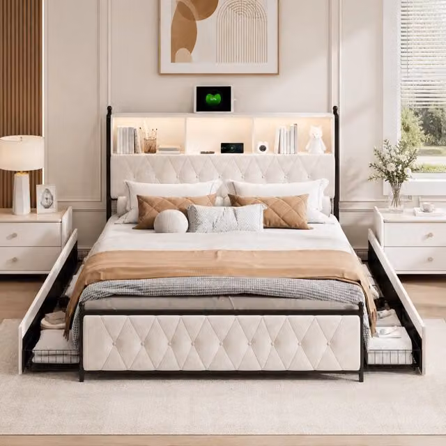 Letto Matrimoniale 140x200 Imbottito in Velluto, Testiera Contenitore con LED RGB, USB-C e USB, 4 Cassetti Sottoletto Salvaspazio, Struttura Metallo-Legno, Beige