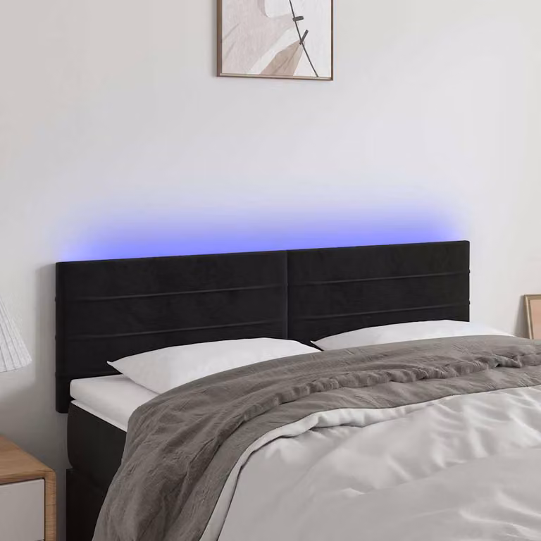 Testiera per letto vidaXL in velluto nero con illuminazione LED e porta di ricarica USB, L 144 x P 5 x H 78/88 cm