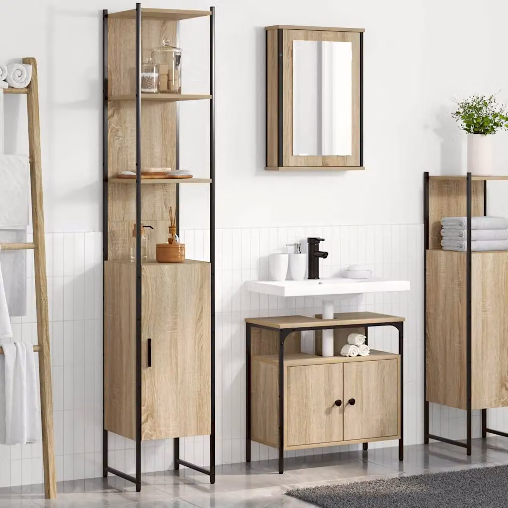 Set di mobili per il bagno moderno vidaXL in 3 pezzi color rovere con armadietto a specchio, mobile lavabo e colonna alta, L/P/H: 42.25 x 33.0 x 185.5 cm – 1
