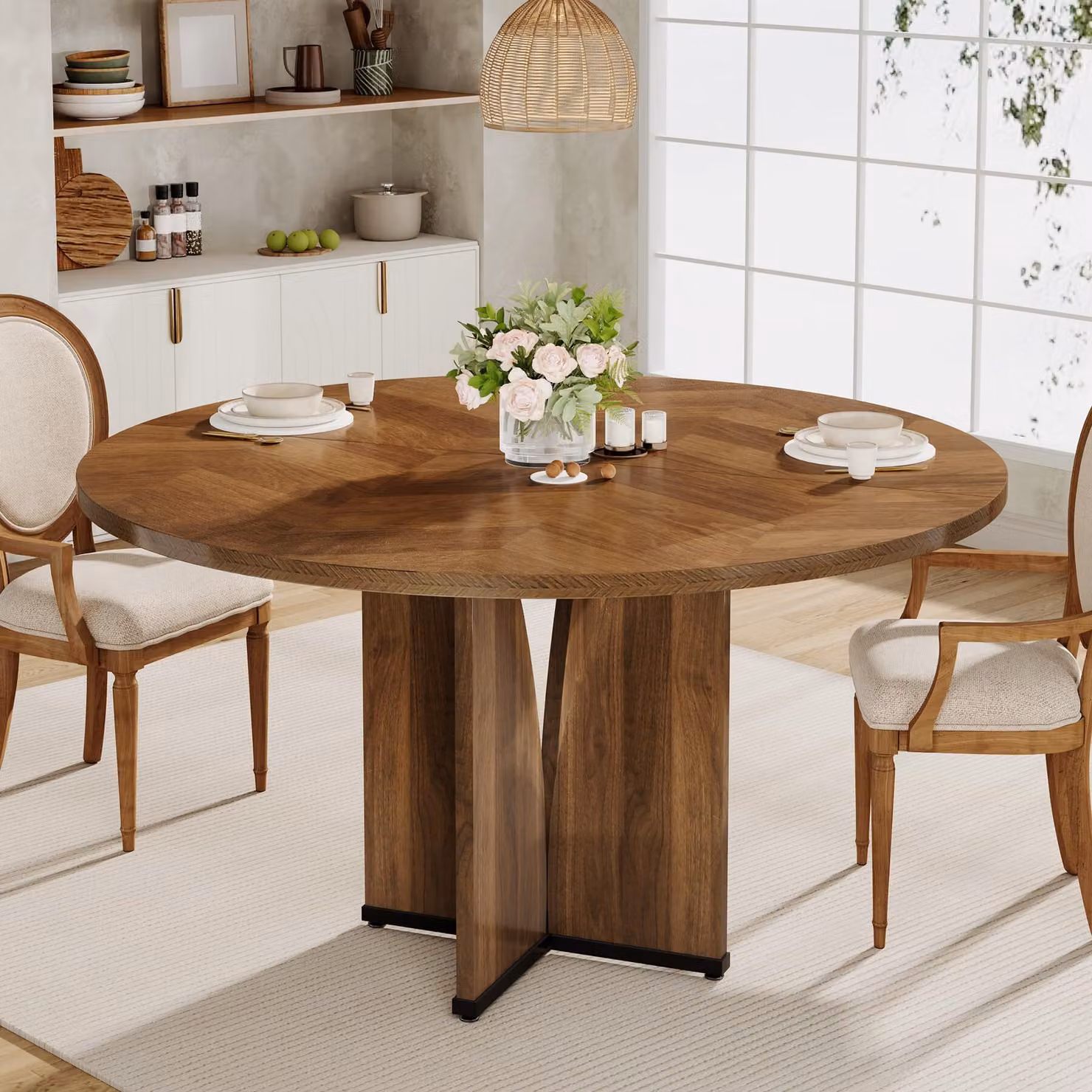 Tavolo da pranzo rotondo Tribesigns, per 4 persone, con piano e gambe in legno, con robusta struttura a X, 100*100*75 cm, sala da pranzo e soggiorno, marrone rustico