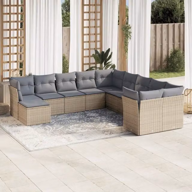 vidaXL Set Divani da Giardino 11 pz in Polyrattan con Cuscini Beige e Ottoman – 1