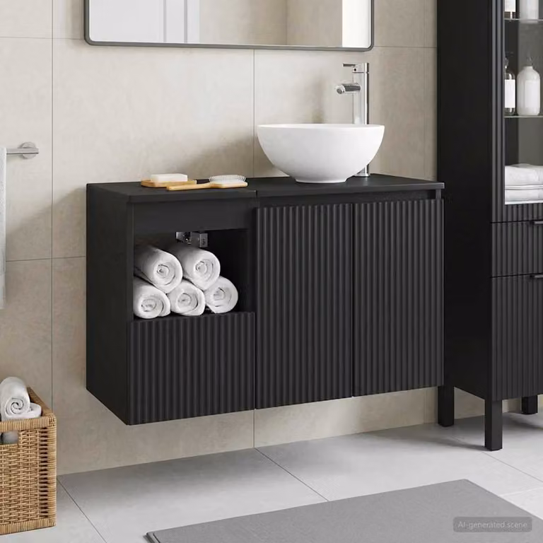 Set di mobili per il bagno moderno vidaXL composto da mobile lavabo e pensile a muro in MDF nero opaco L/P/H: 80,0 x 49,5 x 41,0 cm e 41,0 x 31,71 x 80,0 cm