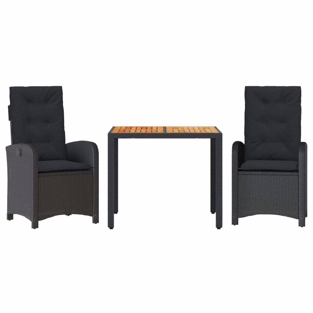 Set da Pranzo da Giardino 3 pz con Cuscini Nero in Polyrattan
