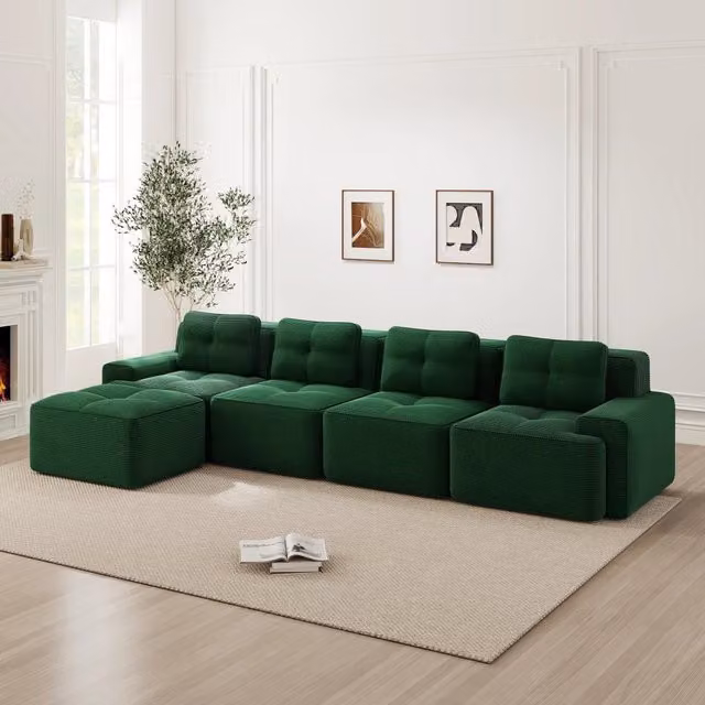 Divano modulare 382.0x177.0x69.0 cm con seduta profonda in velluto a coste verde