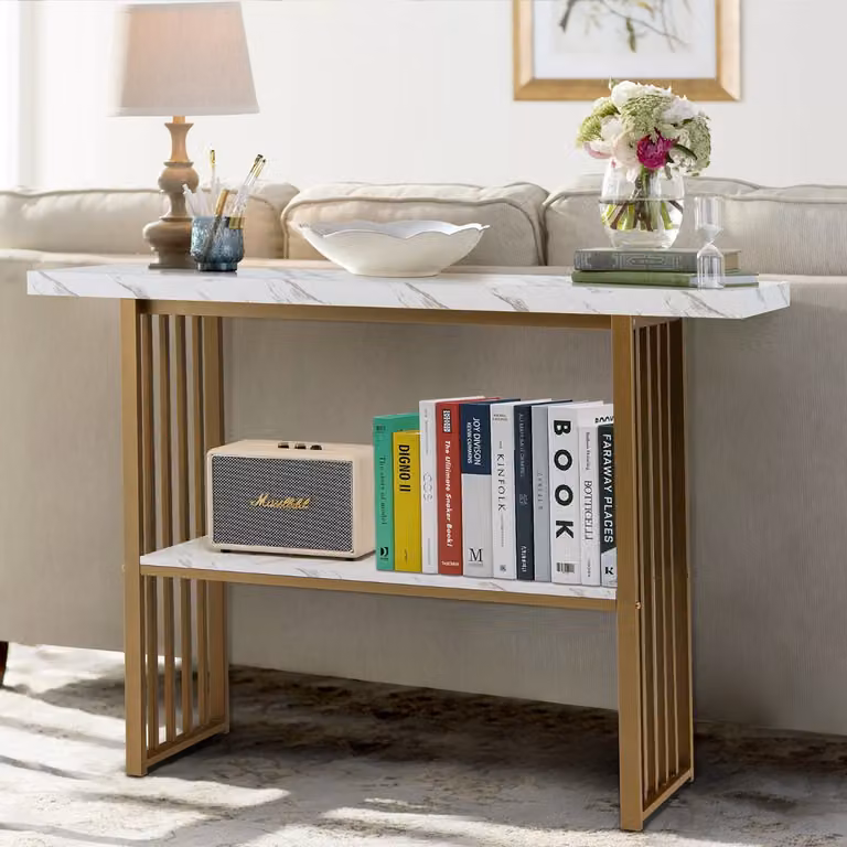 Tavolo consolle moderno Costway a 2 livelli con effetto marmo e struttura in acciaio, Bianco