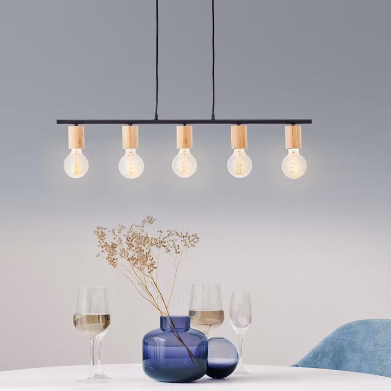 BRILLIANT Lampada a sospensione Kerry a 5 luci, nero/legno