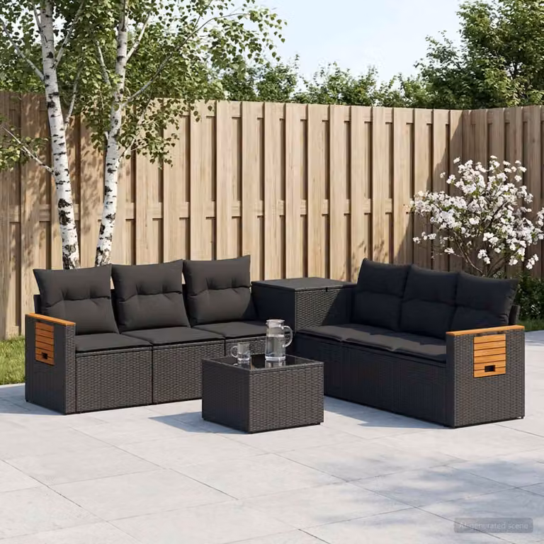 Set di divani da giardino vidaXL 8 pezzi a forma di L con tavolino, colore nero, in rattan sintetico e acciaio verniciato a polvere