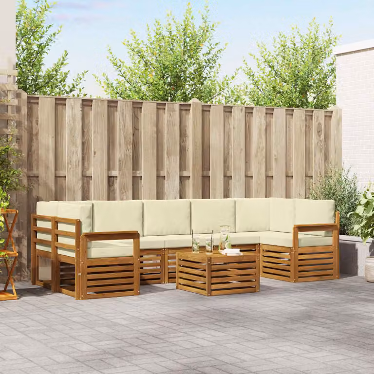Set di divani da esterno vidaXL a forma di L in legno di acacia con cuscini beige e bianco, composto da 8 pezzi con tavolino da caffè