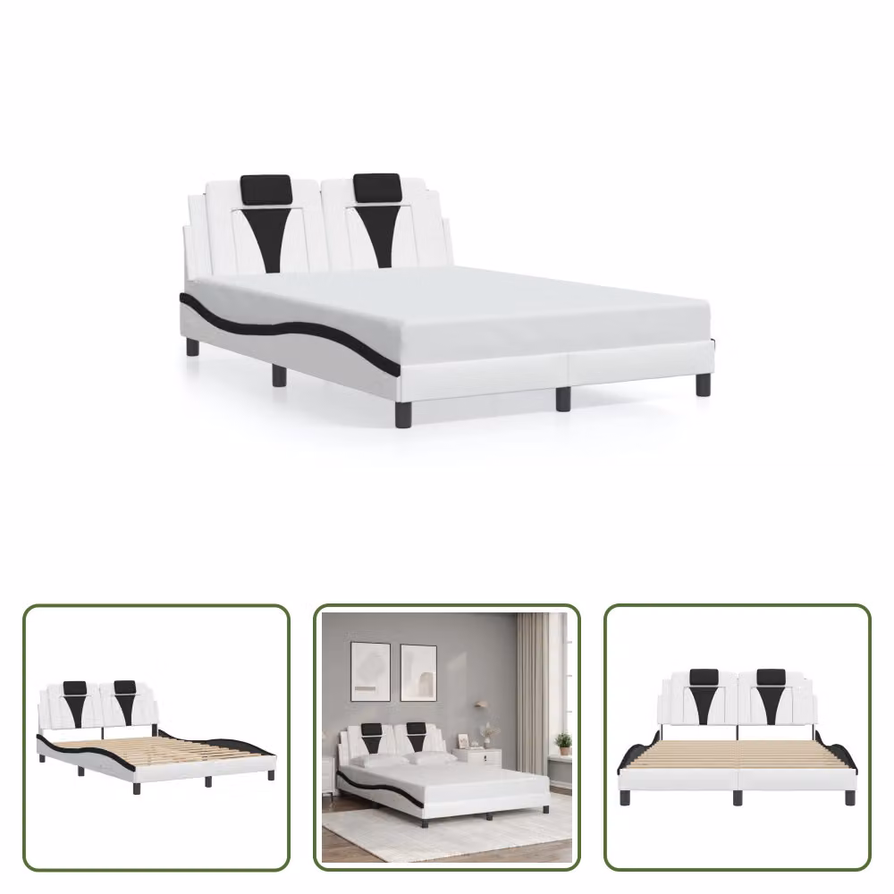 The Living Store Struttura letto con testiera bianca e nera 140x190 cm in ecopelle