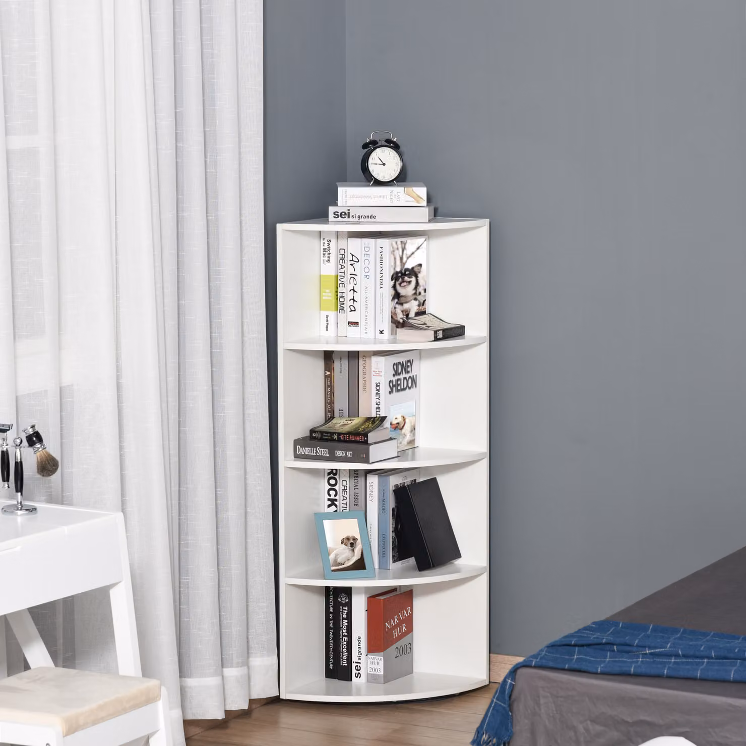 Scaffale Libreria Angolare HOMCOM a 4 Ripiani, Design a Ventaglio Bianco, L/P/H: 39.5 x 39.5 x 120 cm – 2