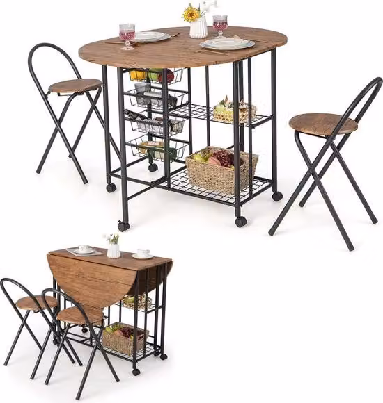 Set da tavolo da pranzo 3 pezzi, tavolo da pranzo pieghevole su ruote, con 2 piatti, 4 cesti estensibili, 2 sgabelli pieghevoli per cucina, sala da pranzo, zona pranzo, bar cucina, zona relax (marrone)