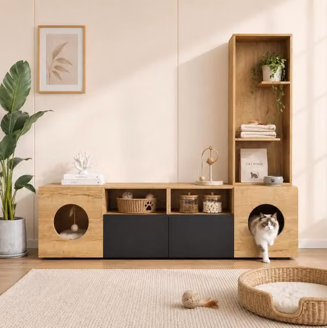 Mobile TV con area per gatti, libreria verticale e spazi contenitivi in legno chiaro, 185x40x162 cm