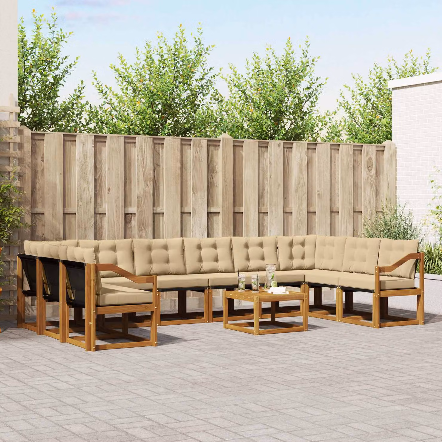 Set di divani da esterno vidaXL 11 pezzi in legno di acacia e textilene, colore beige e naturale, con forma a L, divano a 3 posti, elementi angolari, tavolino da caffè e cuscini inclusi