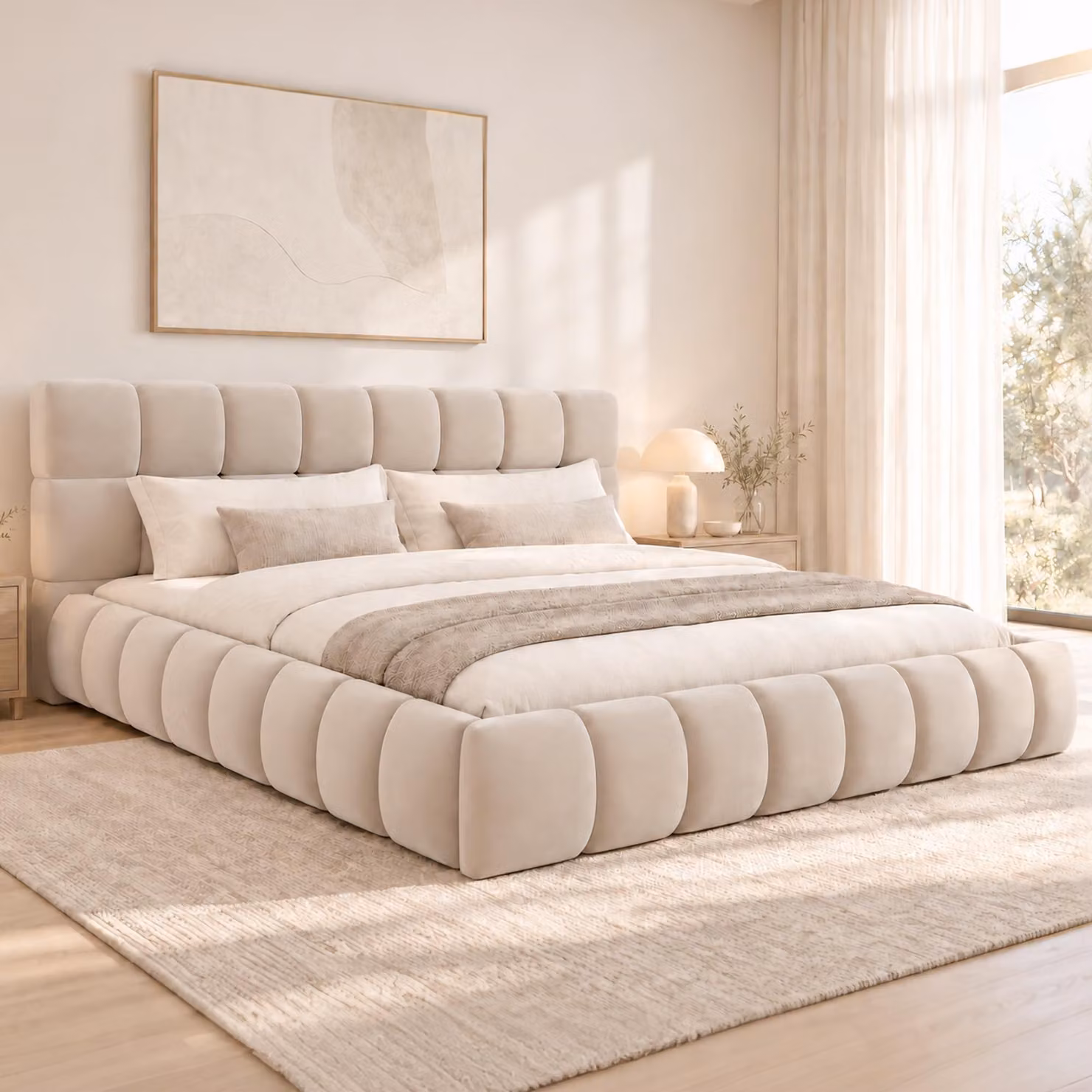 Letto imbottito 160 x 200 cm, letto matrimoniale con testiera imbottita, rivestito in velluto, con superficie per materasso integrata e 12 listelli, colore beige/grigio