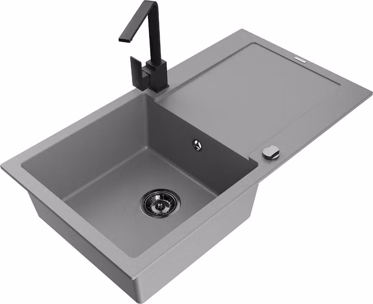 Mexen Leo lavello in granito a 1 vasca con scolapiatti e miscelatore cucina Rita, grigio - 6501-71-670300-70-B