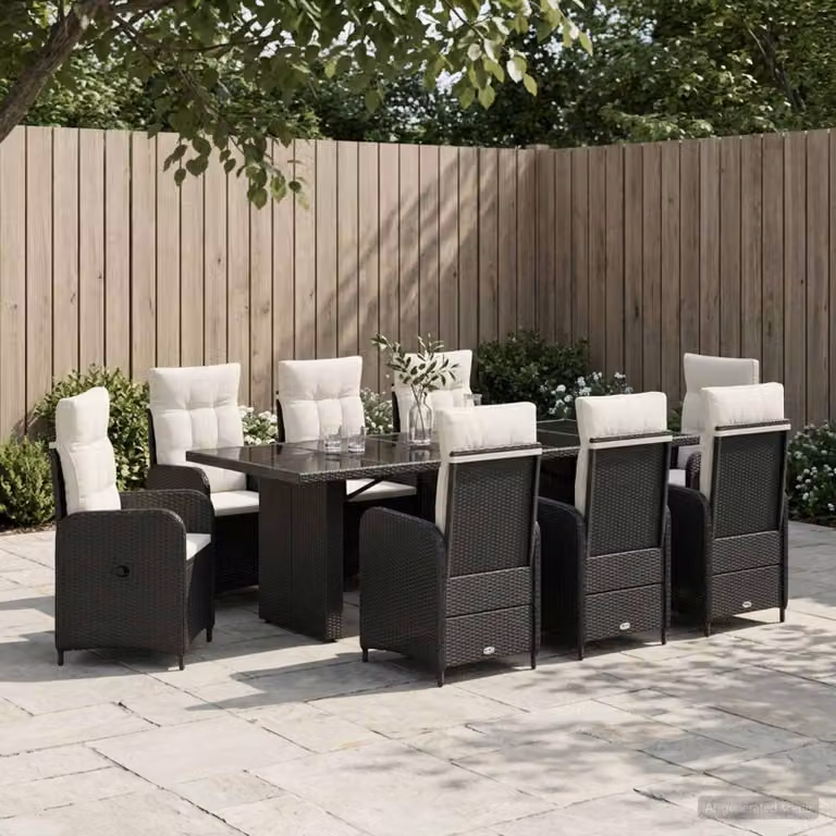 Set da pranzo per esterni vidaXL in polyrattan da 9 pezzi, tavolo rettangolare in legno di acacia e sedie nere e bianco crema