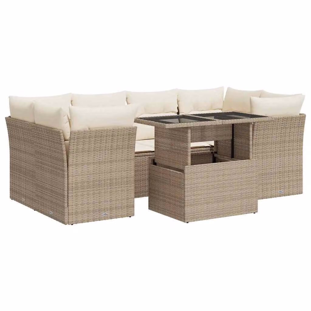 Set Divani da Giardino 7 pz con Cuscini Beige in Polyrattan