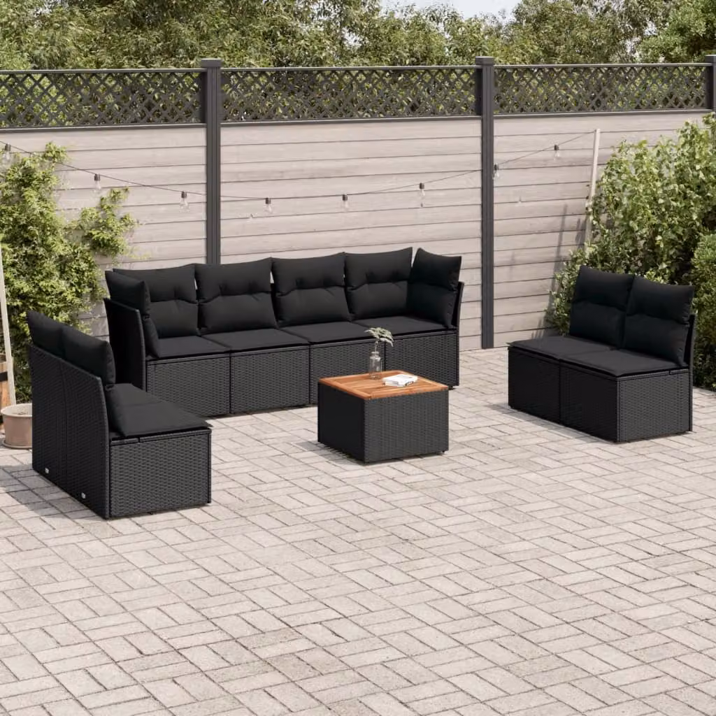 vidaXL Set Divani da Giardino a L in Polyrattan Nero con Cuscini e Tavolino da Esterno – 1