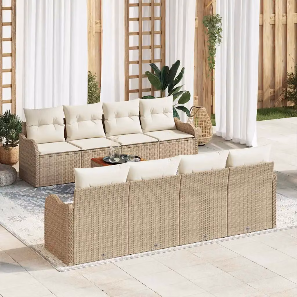 Set Divano da Giardino vidaXL 9 Pezzi in Polyrattan Beige con Cuscini e Tavolino per Terrazza e Balcone